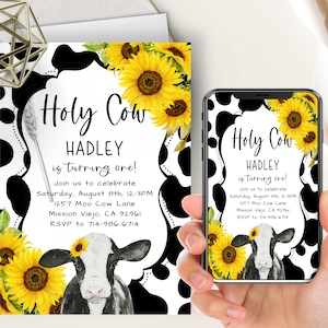 Sunflowers Holy Cow Birthday Invitation, First Birthday Invitation, Cow Birthday Party, Template, Cute Cow, Evite, Girl, Yellow Floral