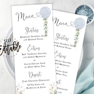 Greenery Balloon Menu Template, Botanical Eucalyptus Succulents, DIY Editable Lunch/Dinner Menu, Baby Shower, Oh Boy, Dusty Blue, Boho