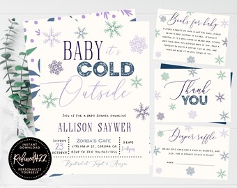 Winter Baby Shower Invite, Baby It's Cold Outside, Lavender Blue Green Snowflakes, Greenery Invitation, Baby It's Cold Out, Editable