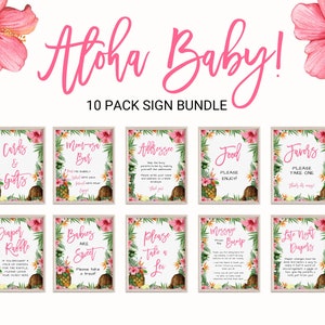Tropical Baby Shower Sign Bundle, Pink Aloha Luau, Floral Hibiscus, Hawaiian, Pineapple Coconut, Girl Baby Shower, Gifts Sign, Momosa, Lei