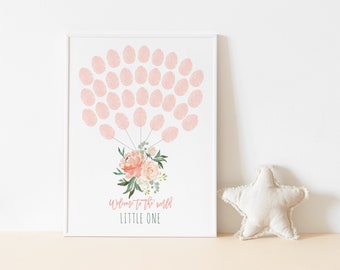 Peach Floral Thumbprint Guestbook Sign, Baby Shower Fingerprint Poster, Peach Ivory Greenery, Girl Or Boy Guestbook, Welcome Sign,