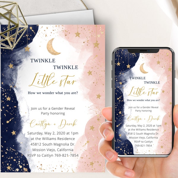 Twinkle Gender Reveal Phone Evite+Printable Invite, Navy Blue And Blush Pink, Moon And Stars, Twinkle Little Star, Boy Or Girl, He Or She