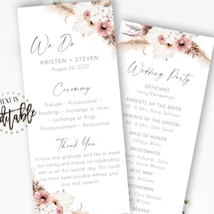 May include: A wedding ceremony program with a floral design. The program includes the names Kristen and Steven, the date August 24, 2021, and the ceremony details. The wedding party is listed on the right side of the program.