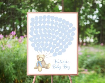 Könnte beinhalten: Ein blaues und weißes Babyparty-Gästebuch mit einem Teddybären, der blaue Ballons hält. Der Text "Welcome Baby Boy" ist auf dem Schild gedruckt.