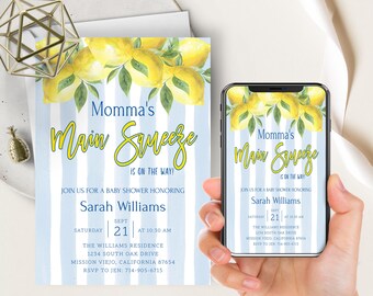 Zaproszenie na baby shower z motywem cytrynowo-cytrusowym: niebieskie paski (Evite)