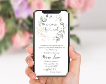 May include: A digital invitation for a bridal shower featuring a green and gold floral wreath design. The text reads "Shower by mail" and includes the bride-to-be's name, Marissa Lawson, and the address for mailing gifts. The invitation also includes the text "registered at Target & Amazon".