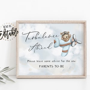 Airplane Teddy Bear Advice For Parents Sign, Vintage Airplane, Up Up and Away, Advice Cards, Fly High, We Can Bearly Wait, Boy Baby Shower