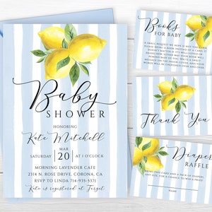 Blue Lemon Baby Shower Invite Set, Pastel Blue Watercolor Stripes, Citrus, Baby Boy Invitation, Summer Invite, Lemons, Main Squeeze, Boho
