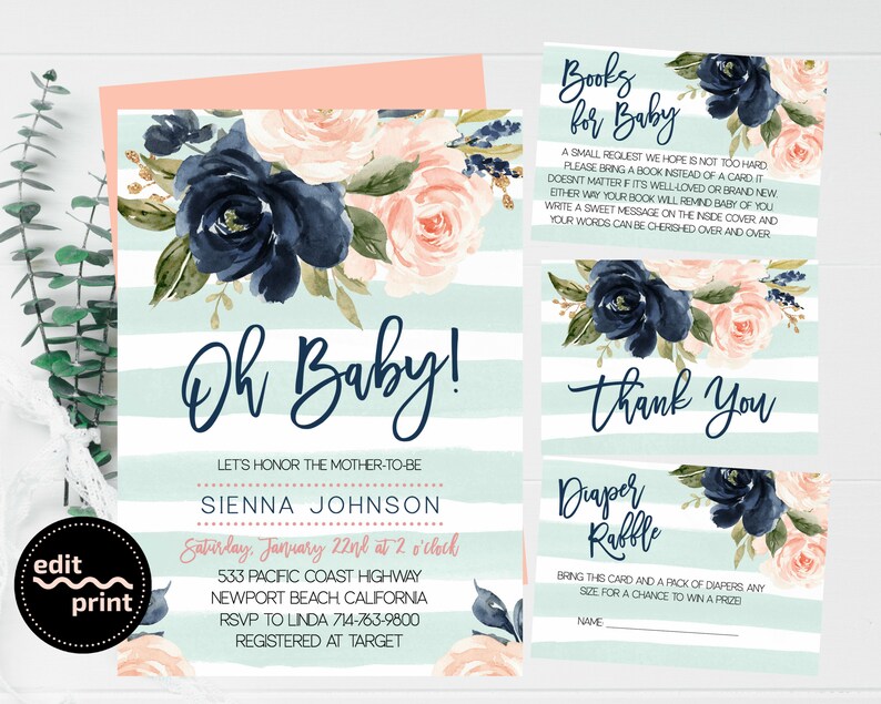Gold Aqua Mint Stripes Oh Baby Navy Blush Floral Watercolor Oh Baby Invitation Pink Floral Greenery Gender Neutral Floral Baby Shower