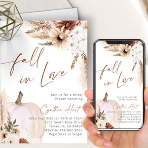 May include: Fall in Love bridal shower invitation with a white pumpkin, fall leaves, and pampas grass. The invitation is for Cynthia Hart and includes the date, time, location, RSVP information, and registry details.