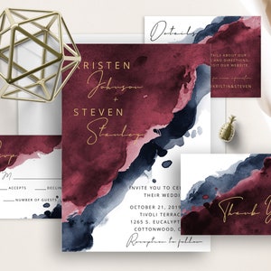 Burgundy Navy Watercolor Wedding Invite, Modern Calligraphy, Minimalist, Watercolor Splash, Gold, Navy Blue And Maroon, Elegant, Simple