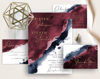 Navy Blue and Burgundy Wedding Invitation Template Suite - Etsy