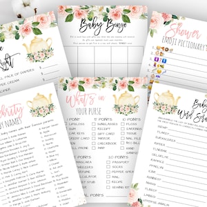 May include: A set of printable baby shower games with pink floral designs. The games include "Price is Right", "Celebrity Baby Names", "Baby Bingo", "What's in Your Purse", "Shower Emoji Pictionary", and "Baby Word Scramble".