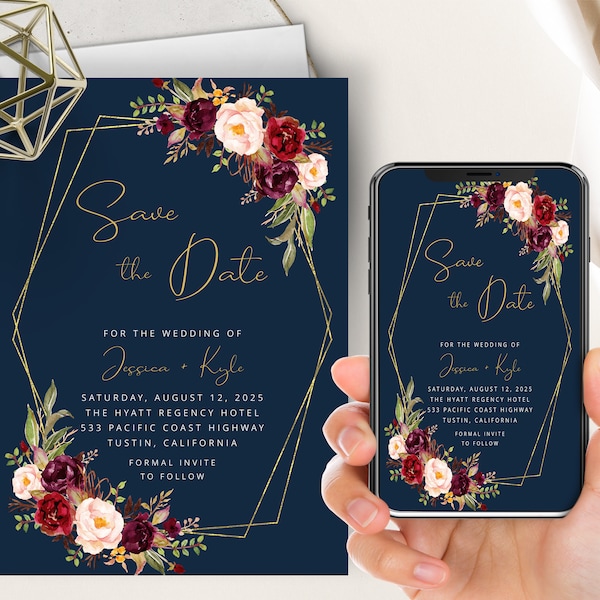 Burgundy Marsala Floral Save The Date Invite, Phone Evite+Printable Invite, Navy Blue, Plum Blush Pink Red Merlot Flowers, Gold Frame