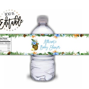 Tropical Luau Water Bottle Label Template, Blue Aloha Baby Shower, Self-Editable DIY Labels, Hawaiian Theme, Blue Hibiscus, Baby Boy