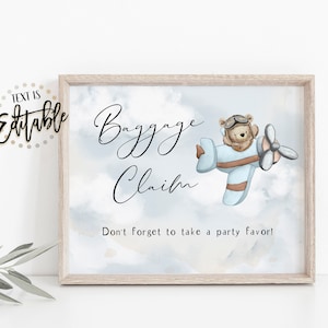 Airplane Teddy Bear Party Favors Sign, Baggage Claim, Vintage Airplane, Up Up and Away, Fly High, We Can Bearly Wait, Boy Baby Shower Sign