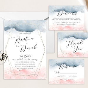 May include: Wedding invitation suite with a watercolor background in shades of blue and pink with gold glitter accents. The invitation features a geometric frame with the names "Kristin + Dereck" and the wedding date "Sat 15 Oct". The details card includes information about the wedding venue and hotel accommodations. The RSVP card has a space for guests to indicate their attendance and the number of guests.