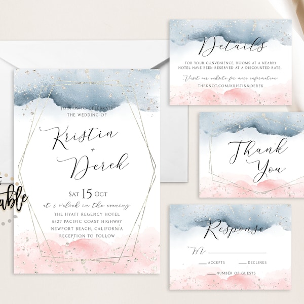 Dusty Blue & Blush Pink Wedding Invite Suite, Silver Glitter Framed Invitation, Watercolor Splash, Script Modern Calligraphy, Romantic