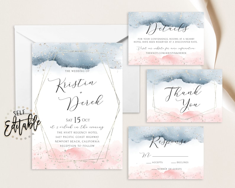 May include: Wedding invitation suite with a watercolor background in shades of blue and pink with gold glitter accents. The invitation features a geometric frame with the names "Kristin + Dereck" and the wedding date "Sat 15 Oct". The details card includes information about the wedding venue and hotel accommodations. The RSVP card has a space for guests to indicate their attendance and the number of guests.