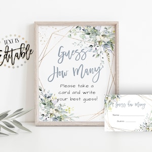Greenery Guess How Many Game, Baby Shower Activity, Succulents Eucalyptus, Dusty Blue Floral, Gold Frame, How Many In The Jar, Template