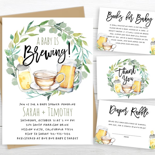 Baby Is Brewing Invite Set, Beer Coffee Tea Bottle, Greenery Eucalyptus Wreath, Gender Neutral, Brewing Baby Shower, Boy, Girl, Teacup, Mug