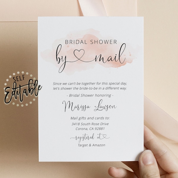 Bridal Shower By Mail, Blush Pink Watercolor Splash, Wedding Shower By Text, Heart, Virtual, Shower From Afar, Long Distance