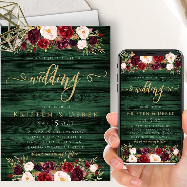 Emerald Green Floral Wedding Phone Evite+Printable Invite, Burgundy Marsala Floral, Rustic Wood, Plum Blush Pink Merlot, Electronic, Red