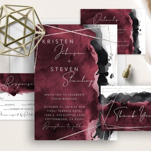 Burgundy Black Watercolor Wedding Invite, Silver Geometric Frame, Modern Calligraphy, Moody, Minimalist, Charcoal Maroon, Elegant Invite