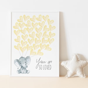 Cartel del libro de visitas de globos de corazón amarillo, elefante gris, signo de globo de género neutro, alternativa de libro de visitas exclusivo, baby shower de elefante