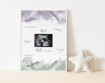 Ultraschall Bild Gästebuch Schild, Salbei und Lavendel Aquarell, Silber Glitzer, Gender Reveal Decor, Baby Party, Grün und Lila, Vorlage