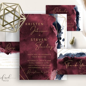 Burgundy Navy Gold Frame Watercolor Wedding Suite, Modern Calligraphy, Minimalist, Geometric Lines, Navy Blue And Maroon Watercolor Splash