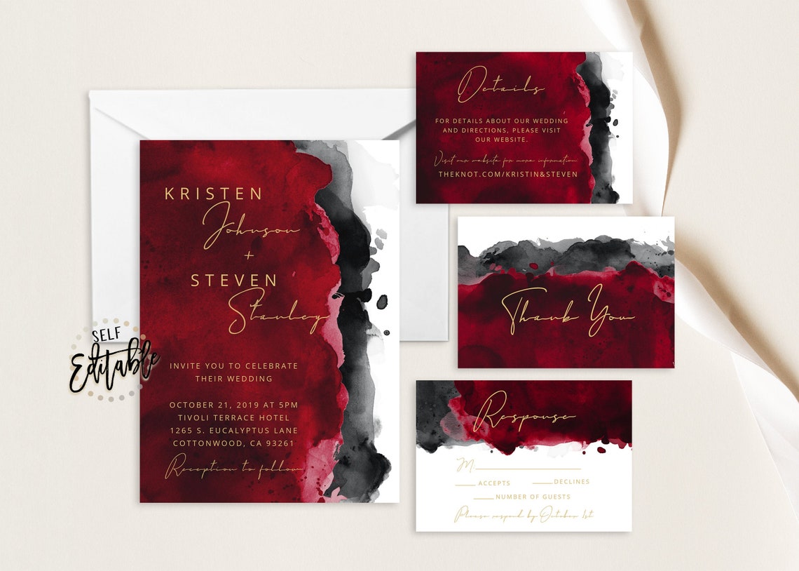 Red Black Watercolor Wedding Suite Apple Red Watercolor image 1