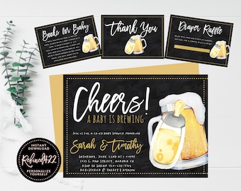 May include: A black chalkboard style invitation with gold polka dots and white lettering. The invitation says "Cheers! A Baby is Brewing" and features a watercolor illustration of a beer mug with a baby bottle on top. The invitation is for a co-ed baby shower for Sarah & Timothy. The date, time, and location are listed on the invitation.