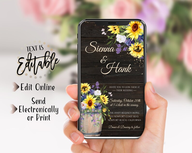 Wedding Invitation Electronic Invite Yellow Floral Rustic Sunflower Wedding Phone Evite+Printable Invite Greenery Gold Lilac Digital