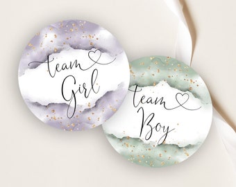 Sage & Lavender Watercolor Gender Reveal Tags, 2 inch Round Tags, Team Boy, Team Girl, Purple And Green, Gold, He Or She, Printable Tags