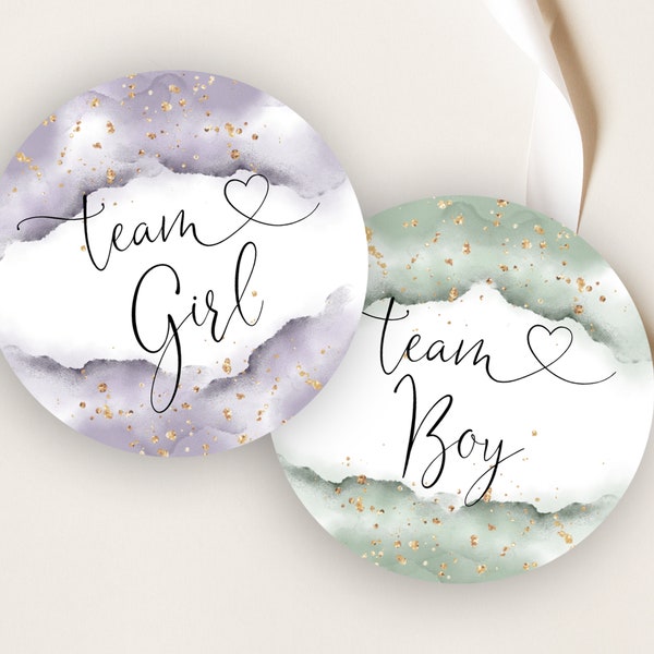 Sage & Lavender Watercolor Gender Reveal Tags, 2 inch Round Tags, Team Boy, Team Girl, Purple And Green, Gold, He Or She, Printable Tags