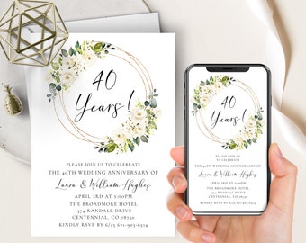 40th Anniversary Invitation, Wedding Anniversary, White Floral Watercolor, Elegant, Gold Frame, Evite + Printable, Editable Template, 40