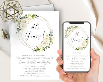 40th Anniversary Invitation, Wedding Anniversary, White Floral Watercolor, Elegant, Gold Frame, Evite + Printable, Editable Template, 40