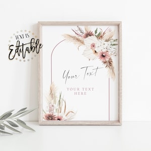 Enseigne modifiable mauve bohème floral, herbe de la pampa, fleurs séchées, voûte plantaire, rustique, fard à joues, tons neutres de terre, mariage, douche nuptiale, baby shower
