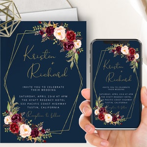 Burgundy Marsala Floral Wedding, Phone Evite+Printable Invite, Navy Blue, Plum Blush Pink Red Merlot Flowers, Digital Electronic, Text