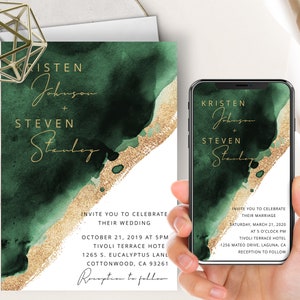 Emerald Green Watercolor Wedding Phone Evite+Printable Inivte, Paint Splash, Minimalism, Modern, Moody,Digital Electronic, Text Message