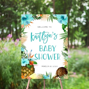 Turquoise & Gold Tropical Baby Shower Welcome Sign, Aloha Luau, Teal Blue Green Floral Hibiscus, Hawaiian, Pineapple Coconut, Boy, Girl