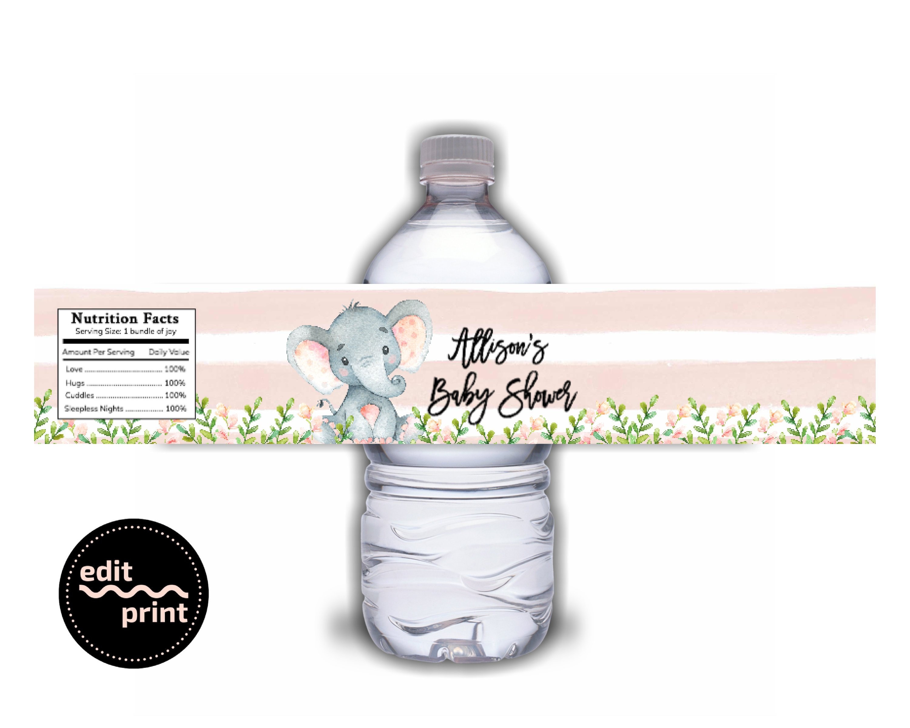Envolturas para botellas de baby shower de elefante, 25 etiquetas de  botella de agua rosa para niñas