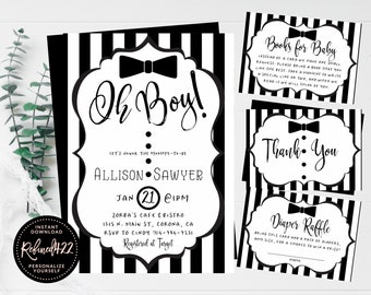 May include: Black and white baby shower invitations with a bow tie theme. The main invitation reads "Oh Boy!" and includes event details. Additional cards include "Books for Baby," "Thank You," and "Diaper Raffle."