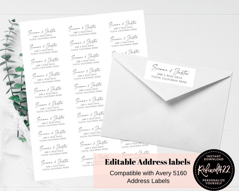 Rücksende-Adressetiketten, 1 x 2 5/8 selbstbearbeitbare Avery Labels 5160, Etikettenvorlage, modern, Hochzeit, Babyparty, Brautparty, für jeden Anlass Bild 1
