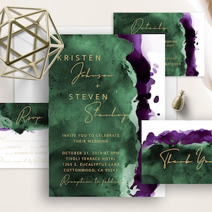 Emerald Green And Purple Watercolor Wedding Suite, Modern Calligraphy, Minimalist, Green And Plum Watercolor Splash, Elegant, Simple