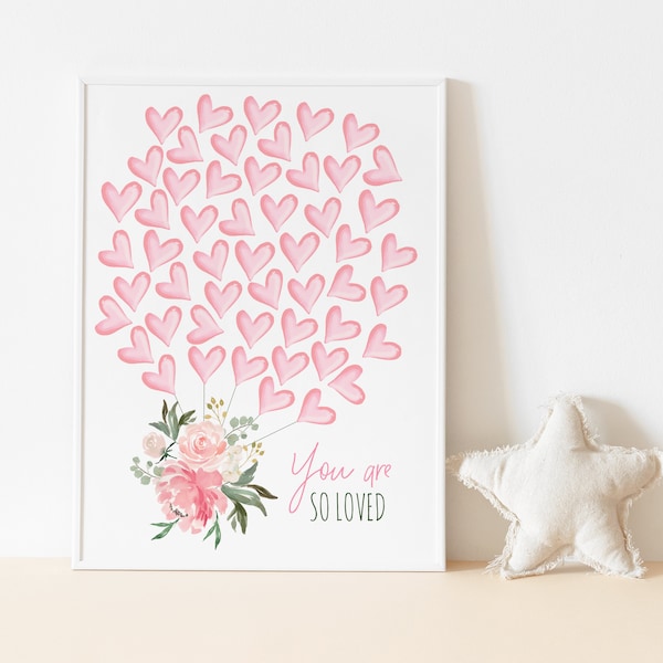 50 Balloon Hearts Guest Book, Pink Floral Guestbook Poster, Signature Sign, Baby Shower, Heart Guestbook, Pink Ivory Floral Greenery,Welcome