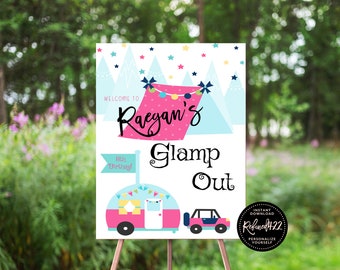 EDITABLE Glamping Birthday Welcome Sign, Glamp Out Poster, Let's Go Glamping, Slumber Party, Camping Girl Birthday, Camper Tent Mountains