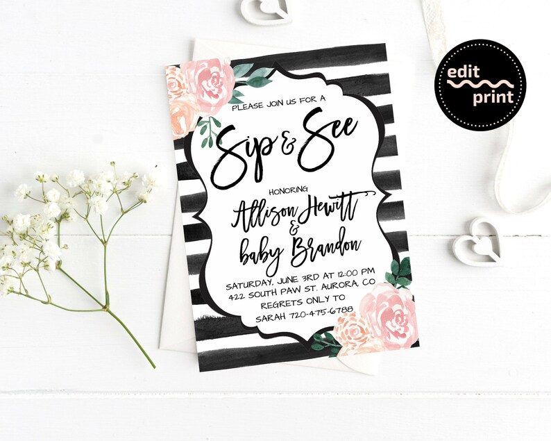 Sip & See Invitation Floral Sip and See Baby Shower Invite | Etsy