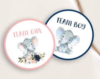 Elephant Gender Reveal Tags, Team Boy Team Girl, 2 inch Round Tags, Pink & Blue Elephant, Pink and Navy Blue Floral, Boy Or Girl, Printable